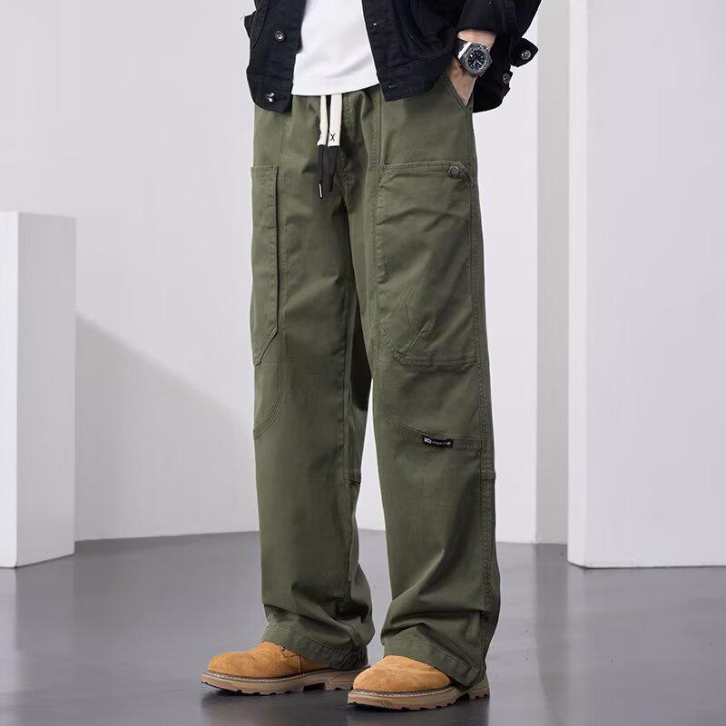 Pánske trendy americké retro cargo nohavice - Ťažké, Veľké vrecká, High Street štýl, Voľný strih, Rovné široké nohavice, Ležérne dlhé nohavice.