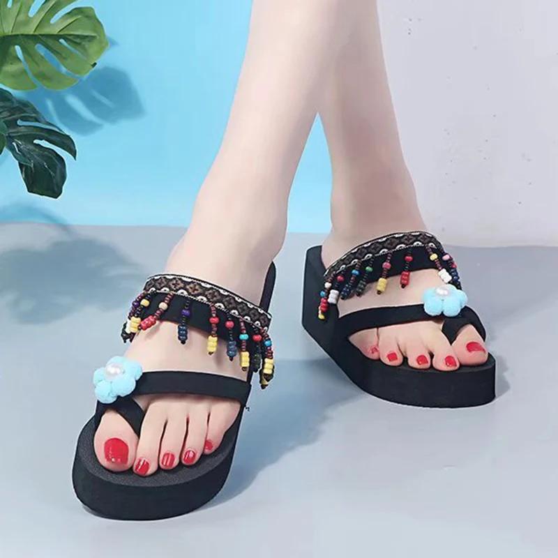 

Fashion Bohemian Tassel Flip Flops for Women Flowers Decor Wedges Sandals for Ladies Outside Lightweight Wear-Resistant Slippers Mujer 36