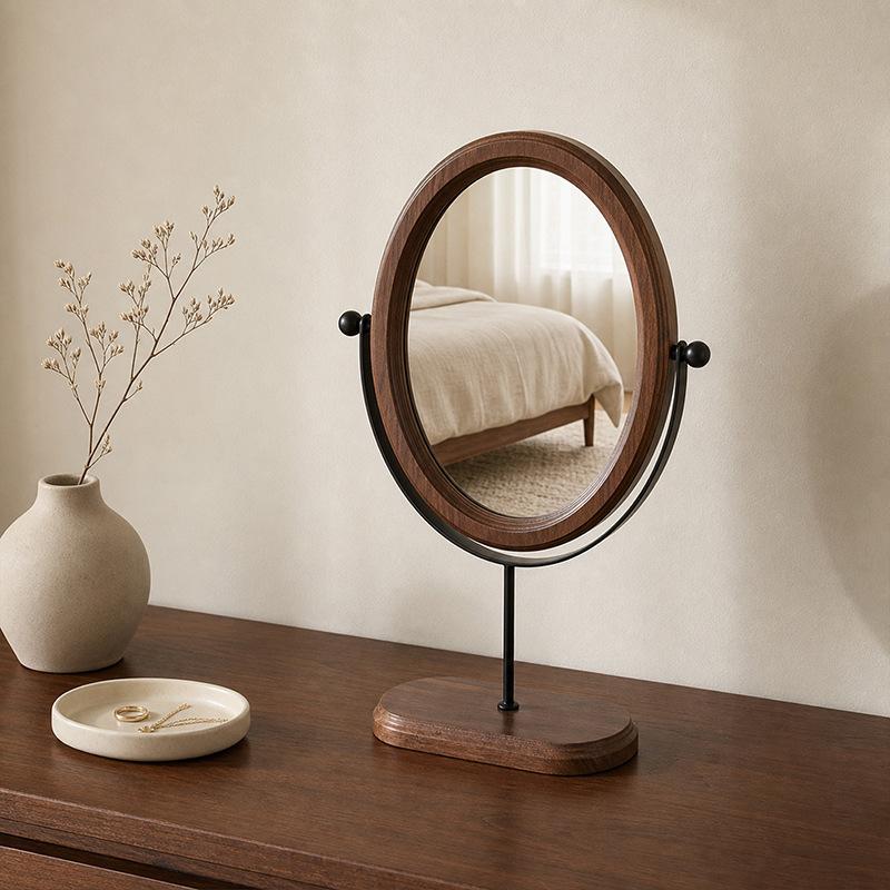 Vintage Walnut Color Light Luxury Mirror Desktop Makeup Mirror Rotatable Vertical Dressing Mirror For Bedroom