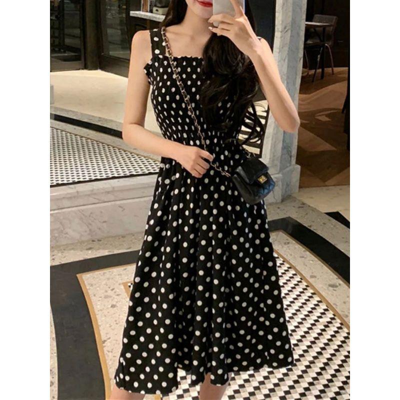 Ladies' Polka Dot One Shoulder Dress Women's Polka Dot Single-Shoulder Suspender Dress