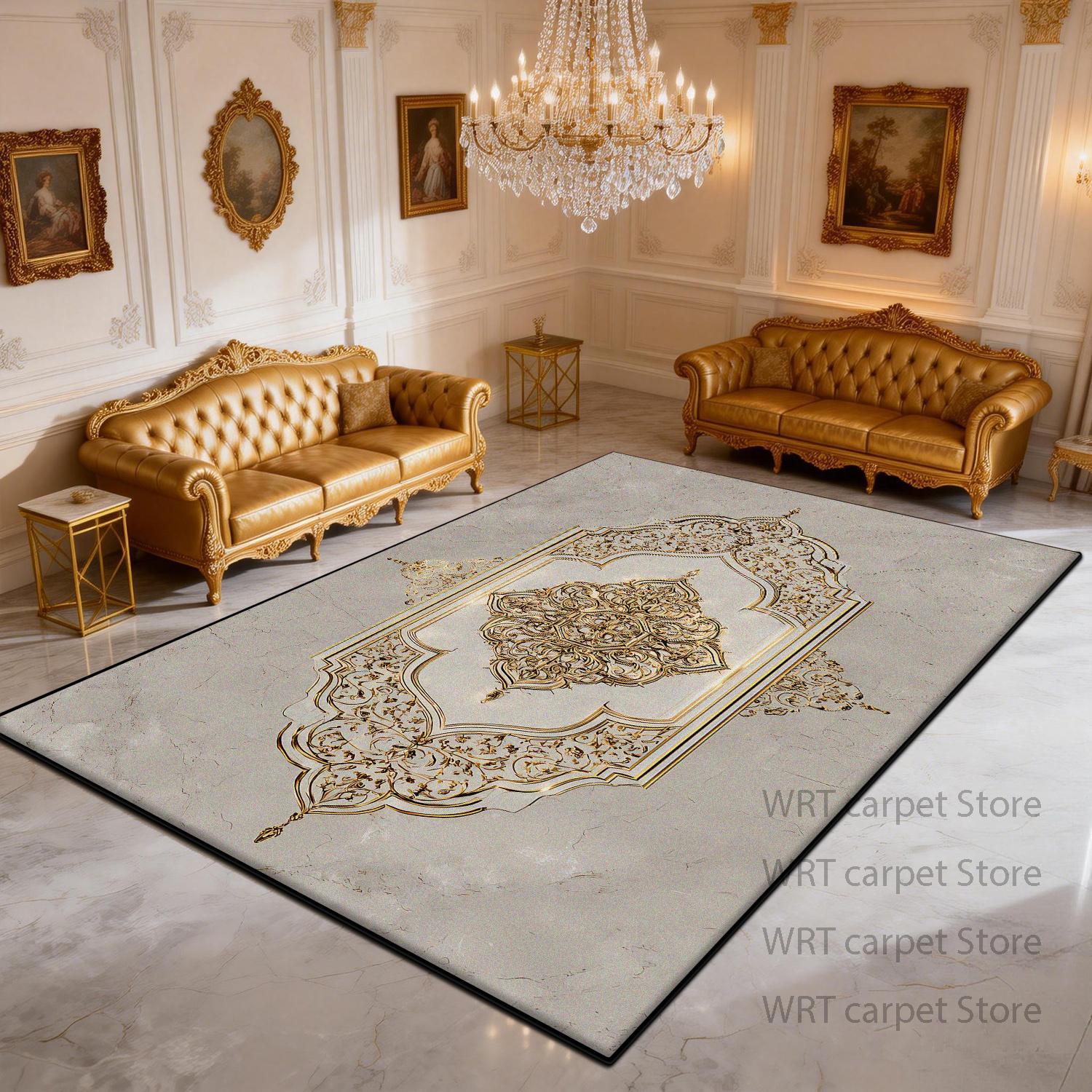 

European Style Golden Marble Style Rug for Living Room Luxury Sofa Area Non-slip Large Carpets Bedroom Bedside Decoration Mats 60x90cm