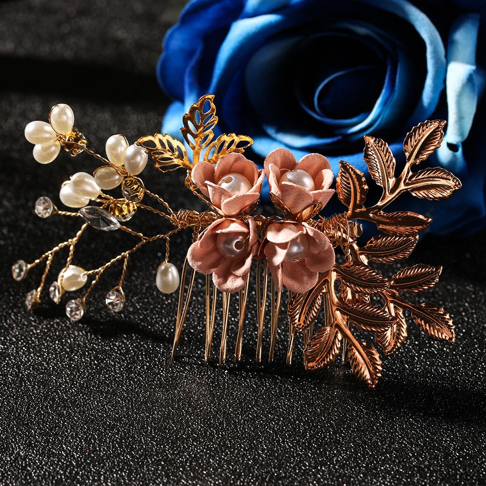 Fashion Elegant Blue Flower Women Hair Combs Headdress Prom Bridal Wedding Hair Accessories Gold Leaves Hair Jewelry Hair Pins