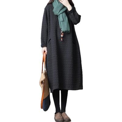 ZeoYoee Long Long Crew Embossed Solid Casual Loose Maxi Women's Dress, Autumn/Winter, Sleeves, Neck, Pockets, Print, Warm, Color, Elegant, Cute,