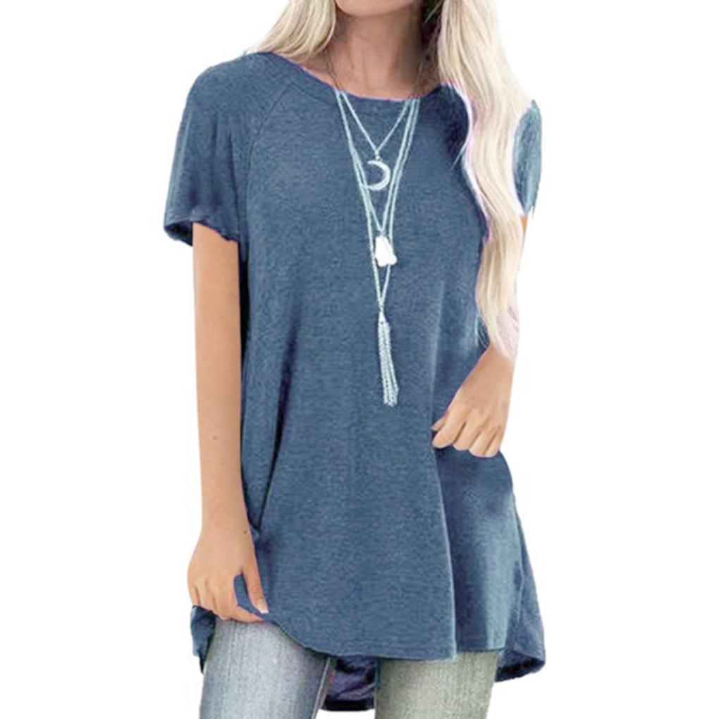Women T-shirt Round Neck Short Sleeve Top Solid Color Casual T Shirt