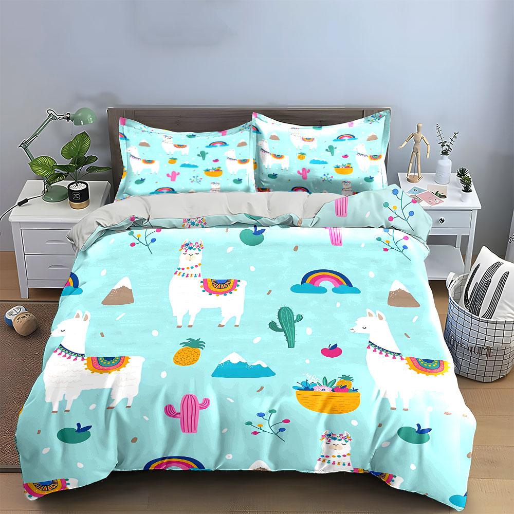 Cute Llama And Cactus Pattern Bedding Duvet Cover Set Duvet Cover Pillowcases (1*Duvet Cover 2*Pillowcases, without duvet insert)