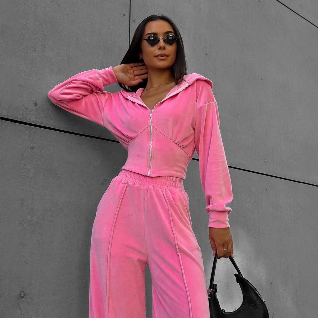 Spice Girl Waist Solid Color Slim Zipper Velvet Jacket Suit Street Style Fashionable Versatile Casual Trousers Women