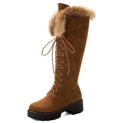 Chaussures d'hiver à lacets tendance pour femmes, bottes de neige, bottes en fourrure véritable, bottes montantes en daim à talon épais, chaudes pour l'extérieur avec fermeture éclair, grande taille 43