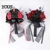 Dead Branch Floral Decor Gothic Wedding Bride Bouquet, Artificial Black Red Rose Flower Bouquet Faux Arrangement with Skeleton Hand Pumpkin Skull for