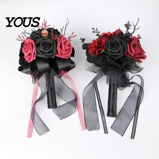 Dead Branch Floral Decor Gothic Wedding Bride Bouquet, Artificial Black Red Rose Flower Bouquet Faux Arrangement with Skeleton Hand Pumpkin Skull for
