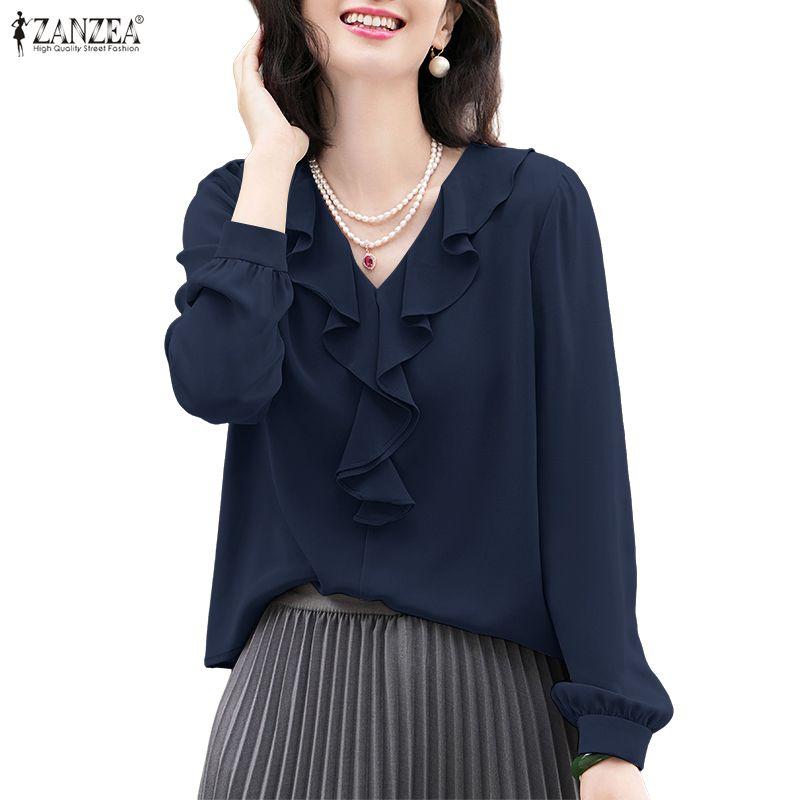 ZANZEA Women Ruffles V-Neck Casual Long Sleeve Blouse