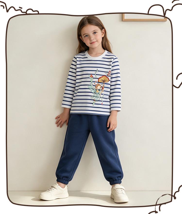 Autumn Girls' Long Sleeve Cartoon Print Striped Cotton T-shirt