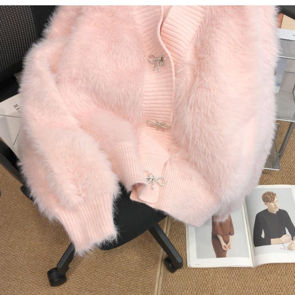 Luxusní růžový svetr-kabátek z norkového sametu pro ženy, podzimní a zimní novinka, silný, volný, elegantní, pletený kardigan s V-výstřihem