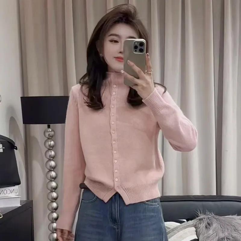 

Women s Pink Half-High Neck Loose Knitted Cardigan Sweater for Autumn/Winter 2025 XL (recommended for 120-135 jin) рожевий