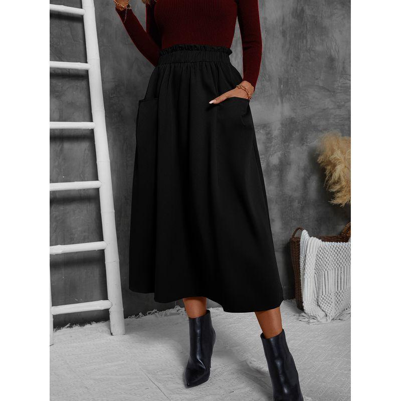 

Plain-Colored Pleated Skirt Skirt Pure Color Long Skirt Fashion A- line Big Hem Dress Skirt Black M