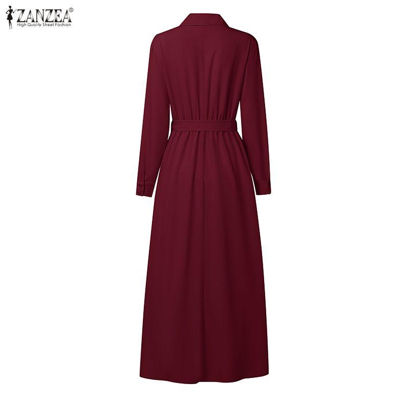 ZANZEA Damen Revers Elegant Langarm Lässig A-Linie Langes Kleid