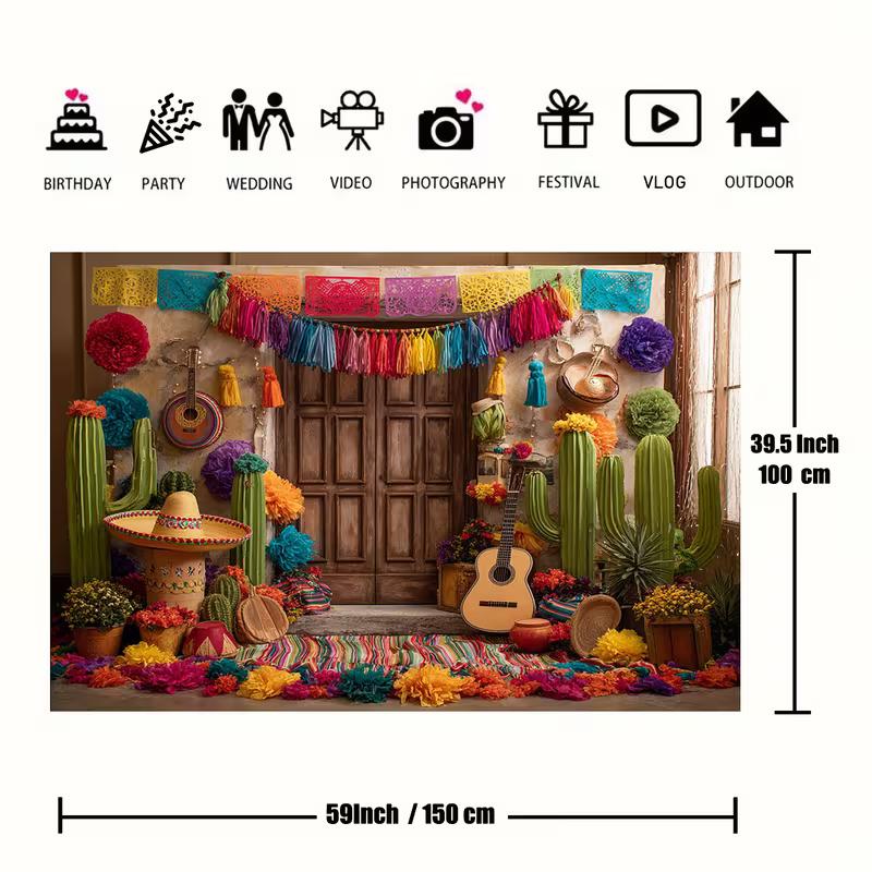 2D Mexican Fiesta Backdrop, Cinco De Mayo Cactus Guitar Photography Background