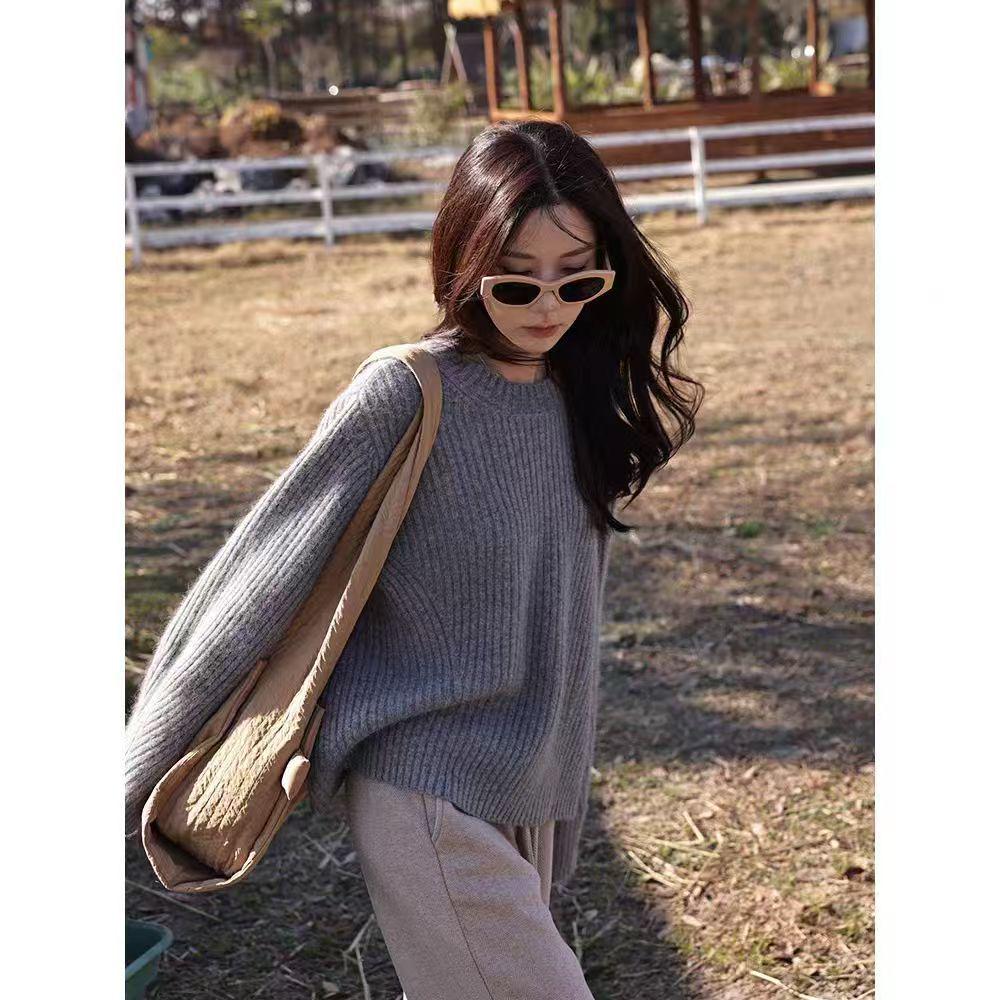 Women's Korean Style Thick Pure Wool Sweater - Soft, Round Neck, Loose Fit Pullover Knit