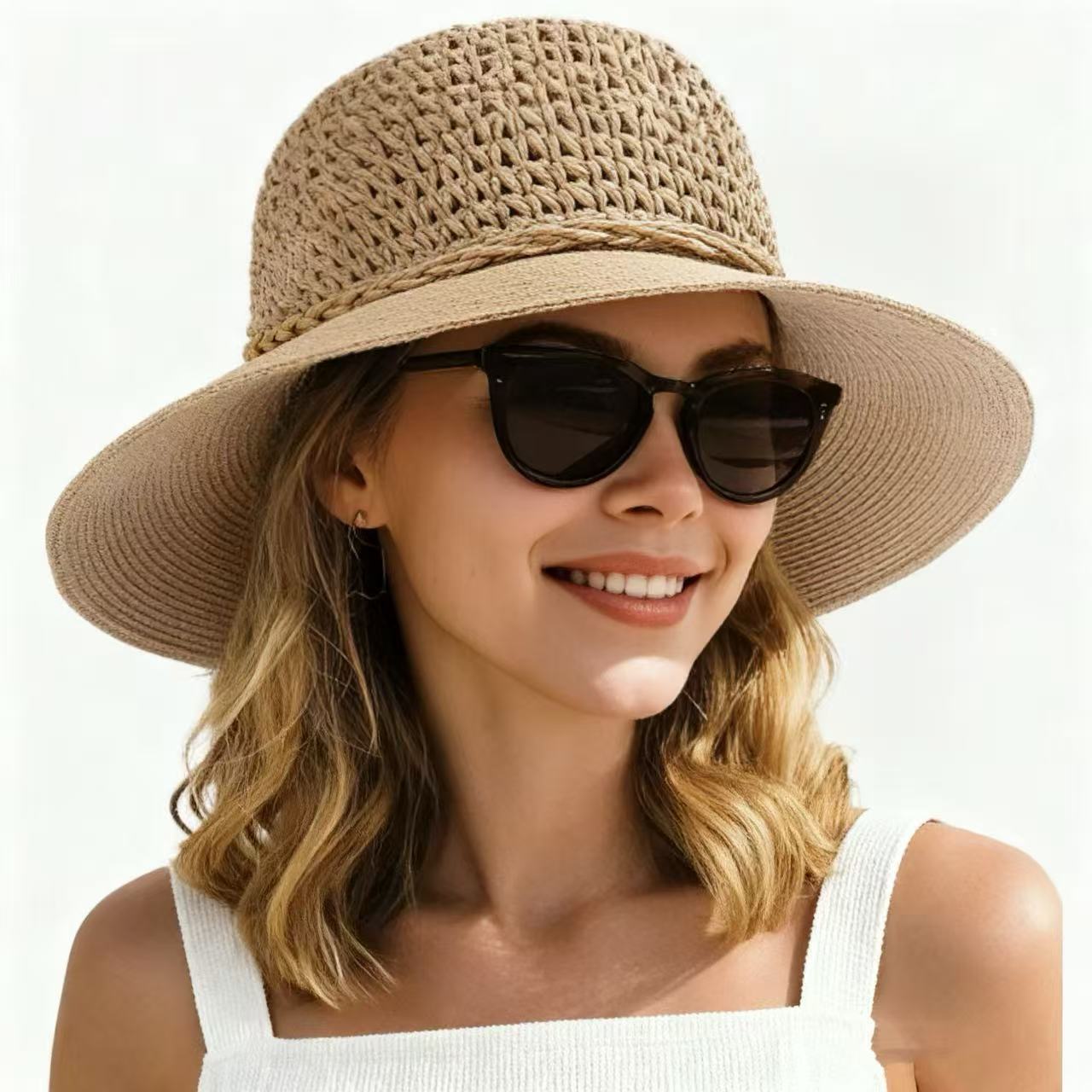 

Straw hat women s summer big eaves sunshade sunscreen beach sun hat woven foldable versatile seaside travel fashion cool hat M（56-58cm）