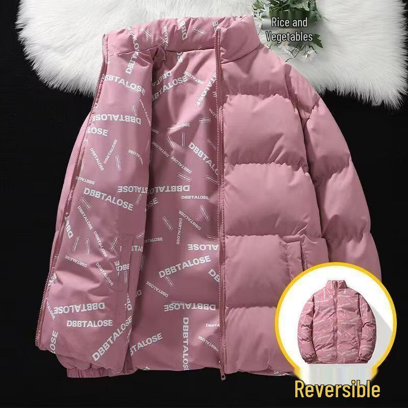 

Unisex Winter Stand Collar Double-Sided Cotton Jacket - Trendy Loose Fit Casual Outerwear for Couples 5XL рожевий