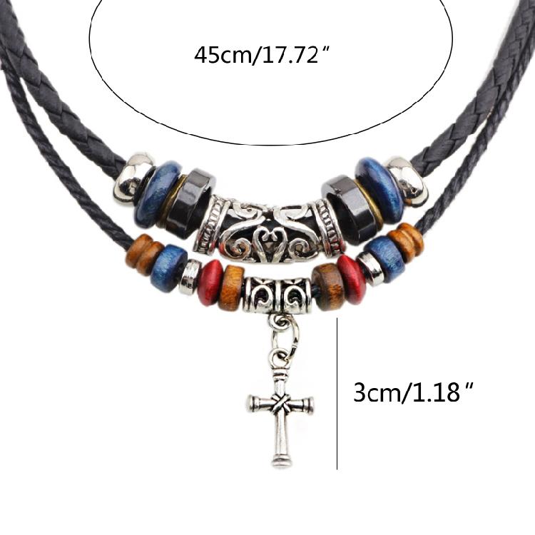 Ethnic Jewelry Leather Tribal Necklace with Crucifix Pendant for Women Men Gift