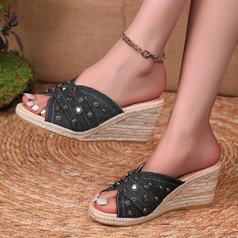 Fashion Fashion Denim Chunky Wedge Sandals Women 2025 Rivets Decor High Heels Slippers Woman Peep Toe Thick Bottom Sandles Plus Size 43