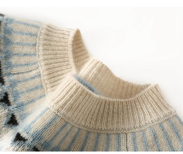 Women's Thickened Fair Isle Cashmere Pullover Sweater - Round Neck, Long-Sleeve, Double-Ply Wool Jacquard