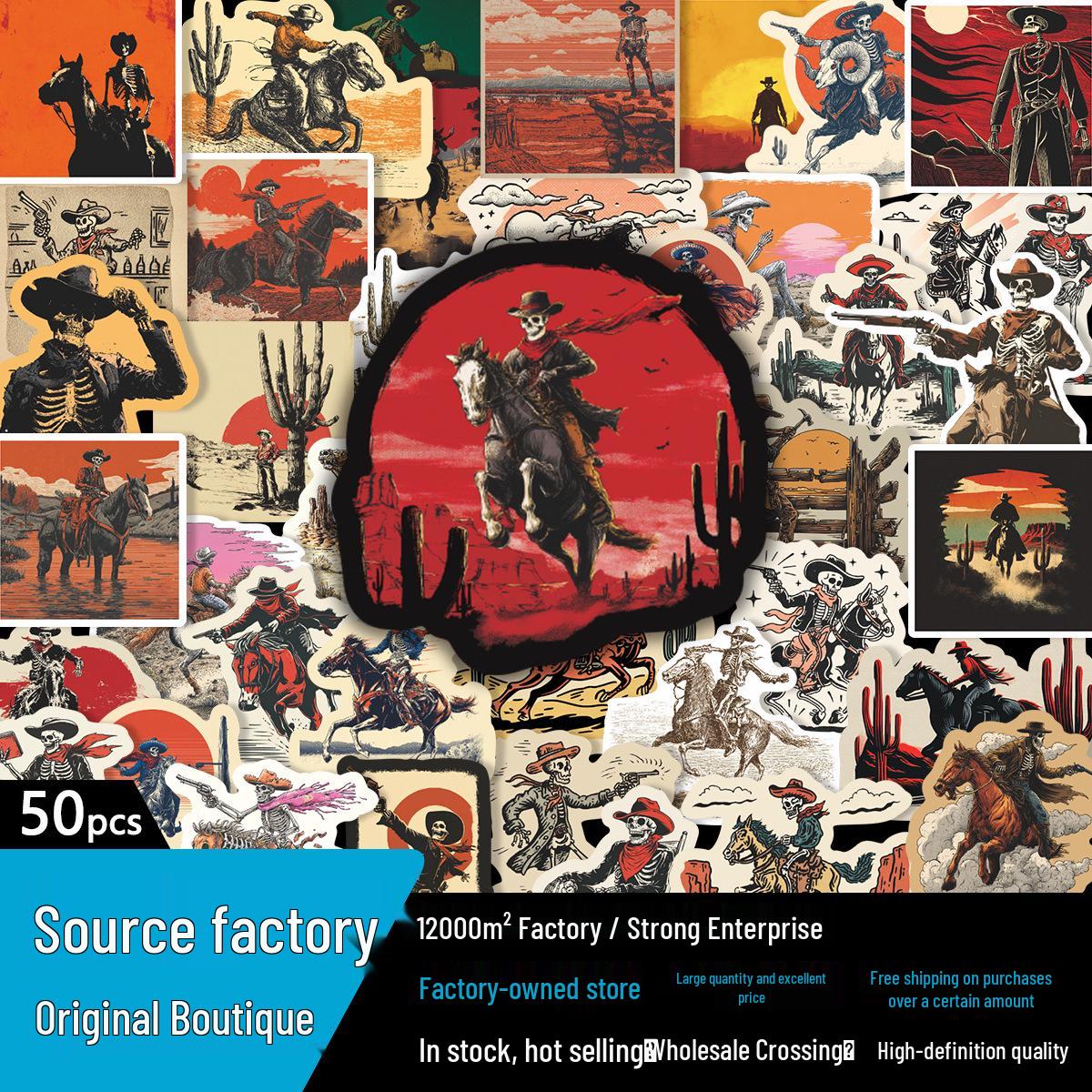 50 Retro Western Skull Cowboy Stickers: Creative American-Style Decoration for Notebooks, Phone Cases, and Planners No