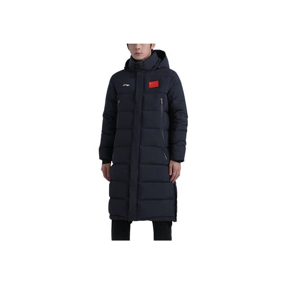 Li Ning Badminton Series Warm Long Hooded Down Jacket Winter Men Jacket Black AYMR113-3