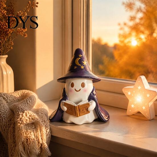 Whimsical Ghost Sculpture Lighted Figurine, Resin Wizard Statue with LED Light, Cute Holiday Figurine Reading Book Night Light for Halloween