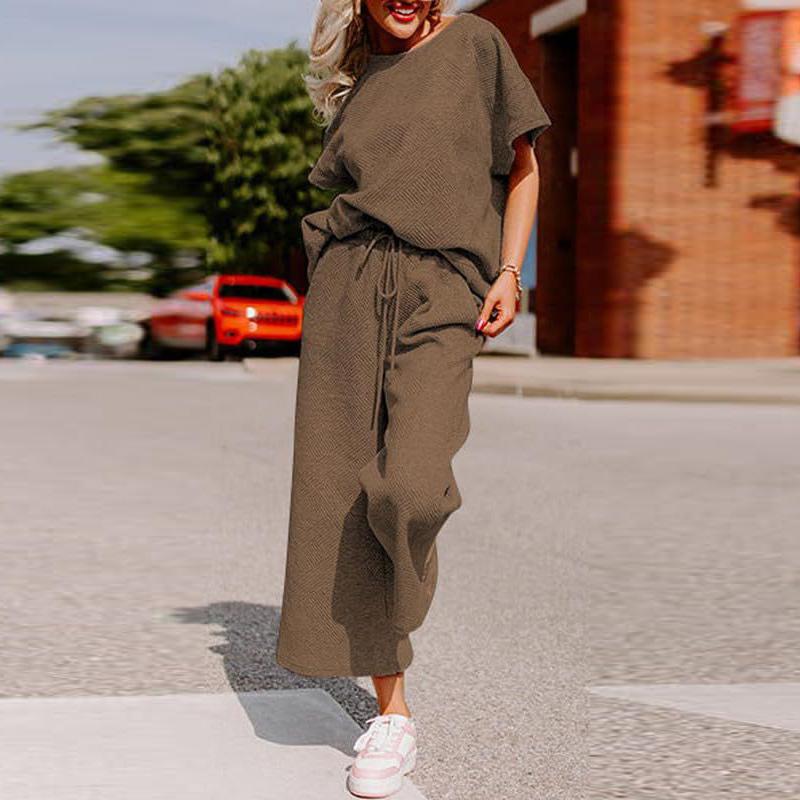 Sets for Women Summer Lounge Sets O-Neck Tops Wide Leg Crop Pants Vacation Travel Outfits