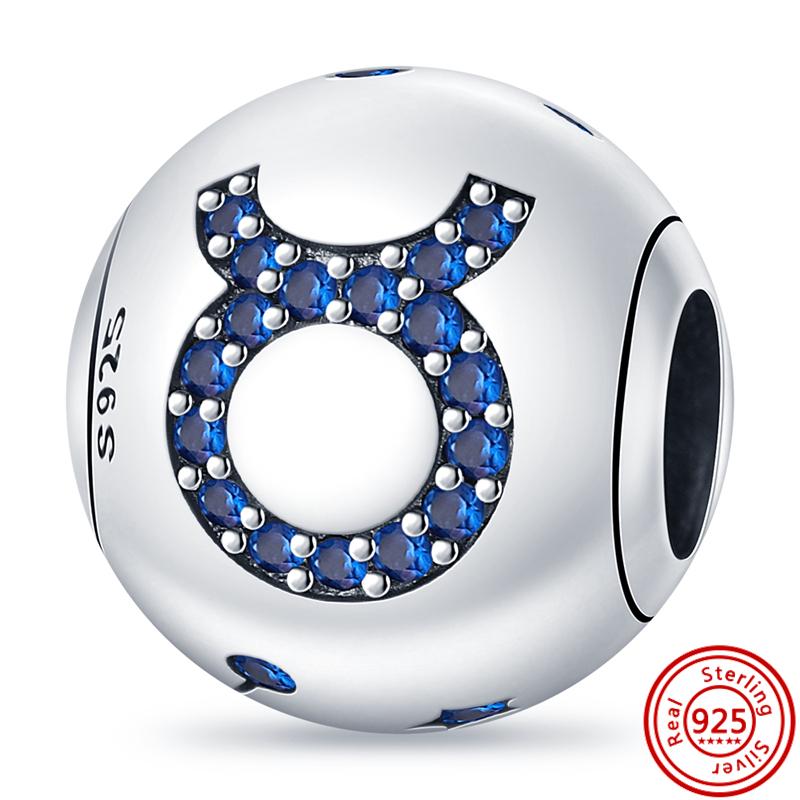 

S925 стерлингового серебра голубые циркониевые звезды 12 созвездий блестящие круглые самодельные бусины подходят для оригинального браслета с подвесками роскошные ювелирные изделия