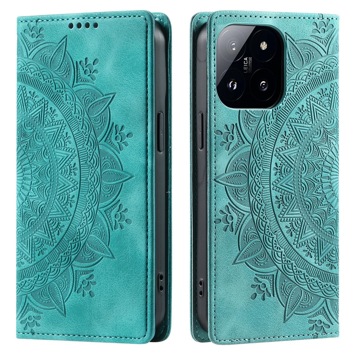 

Style-010 For Xiaomi 14 Case Imprinted Magnetic Auto Closing Leather Phone Cover with Wallet Mint Green