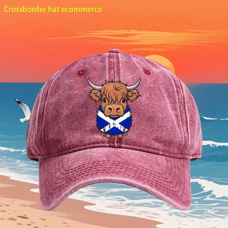 Highland Cow Scottish Flag Print Washed Baseball Cap Retro Adjustable Casual Dad Hat for Men Women