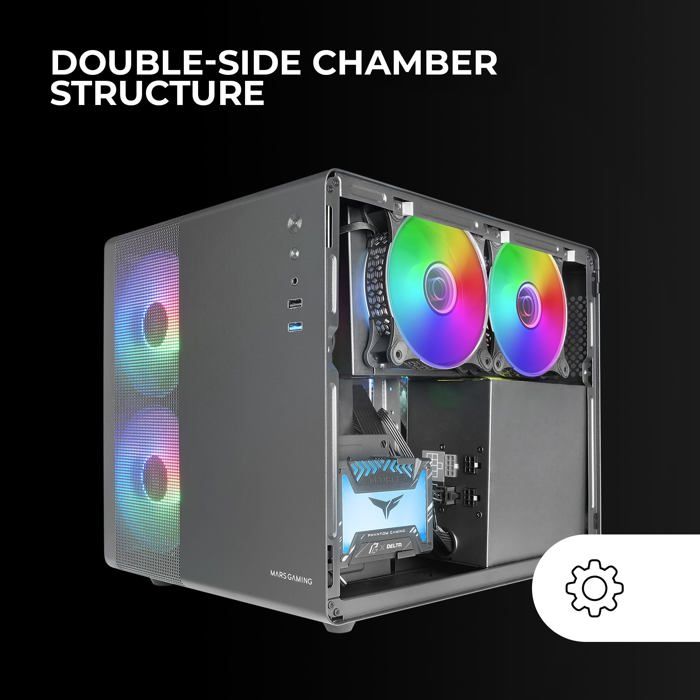 Mars gaming mc-400 noir, boîtier gaming compact micro-atx, fenêtre latérale complète verre trempé, 3x ventilateurs frgb 120mm,