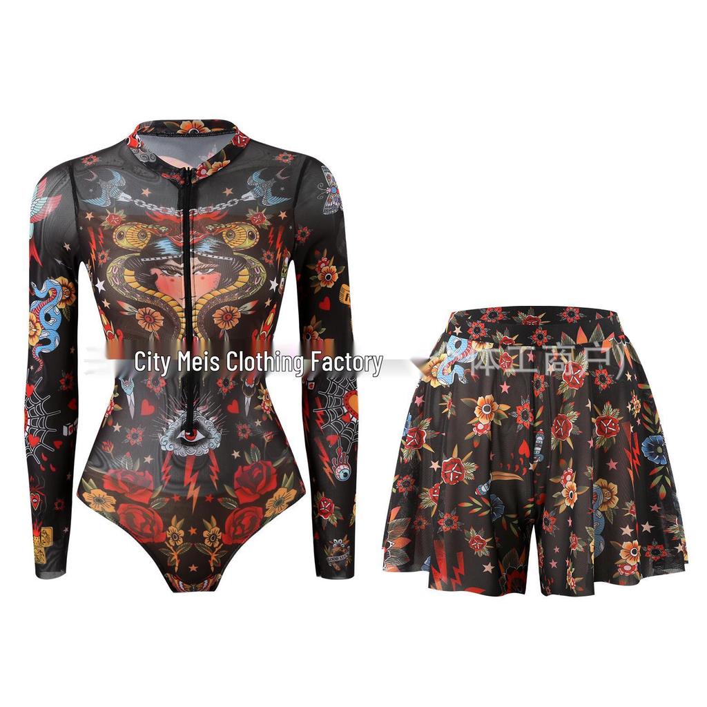 Women's Long Sleeve Sun Protection Bikini Set with European & American Style Shorts