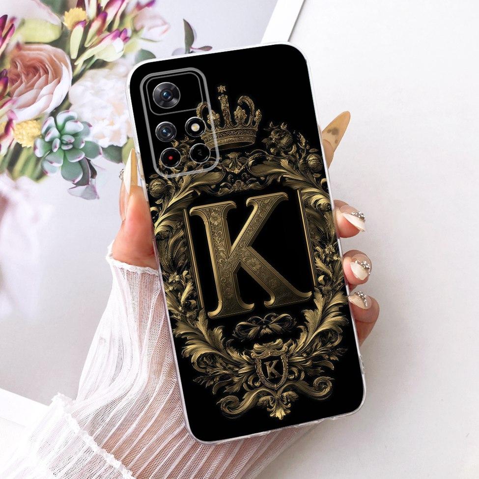 For Xiaomi Poco M4 Pro 5G Case Transparent Luxury Crown A-Z Letters 2D Flat Pattern Soft Phone Case 21091116AG MZB0BGVIN