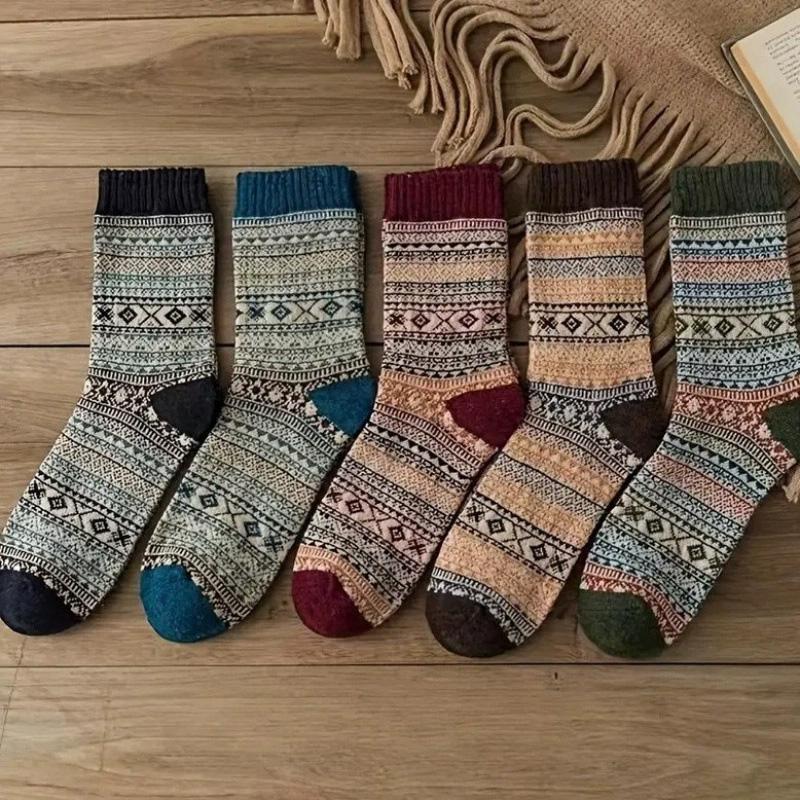 1/5 Pairs Casual Socks EU Size 38-43 Retro Pattern Autumn/Winter Round Neck Socks Ethnic Style Women Comfortable