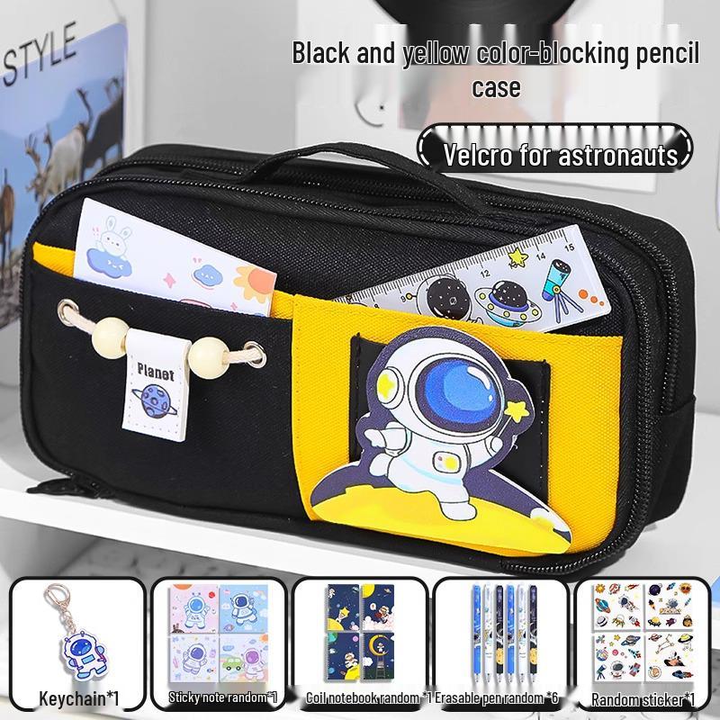 Send Astronaut Velcro! Boys' Black Dirt-Resistant Pencil Case, Hand-Carry, Large Capacity, New 2025 Style.