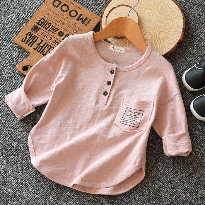 Boy Button Cotton Long-sleeve T-shirts Solid Color Spring Autumn Letters Pocket Children's Bottoming Shirts 2-12 Year Boys Tops
