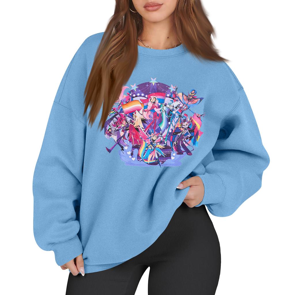 Women's Fashion Long Sleeve Print Round Neck Loose Pullover Sweater Top