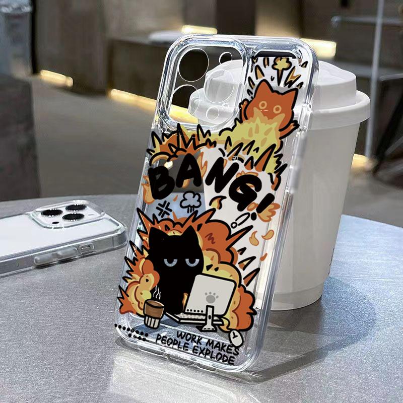 Creative Label Black Cat Transparent Phone Case For iPhone 15 16 16E 14 13 12 11 Pro Max XR X XS 7 8 Plus Soft Silicone Cover