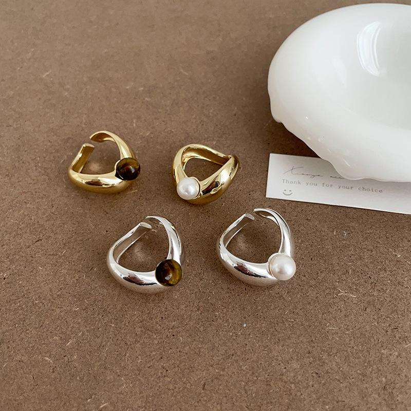 Design Sense Irregular Metal Pearl Tiger'S Eye Stone Open Ring Women'S Exaggerated Personality Fashion Versatile Ring Ring