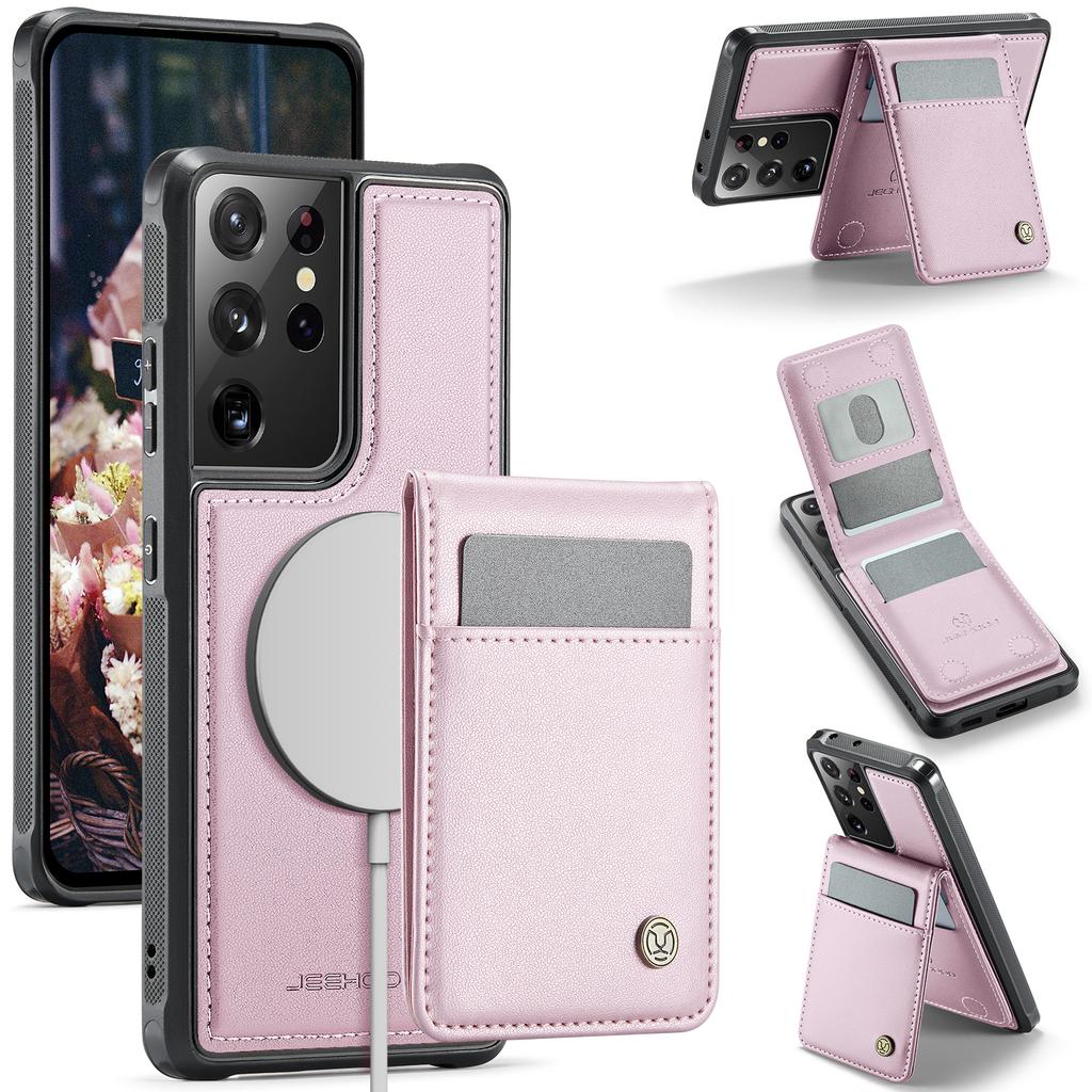 För Samsung Galaxy S21 Ultra 5G Läder Baksida Kompatibel med MagSafe JEEHOOD J06 Mobilskal med Kortfack RFID-blockering