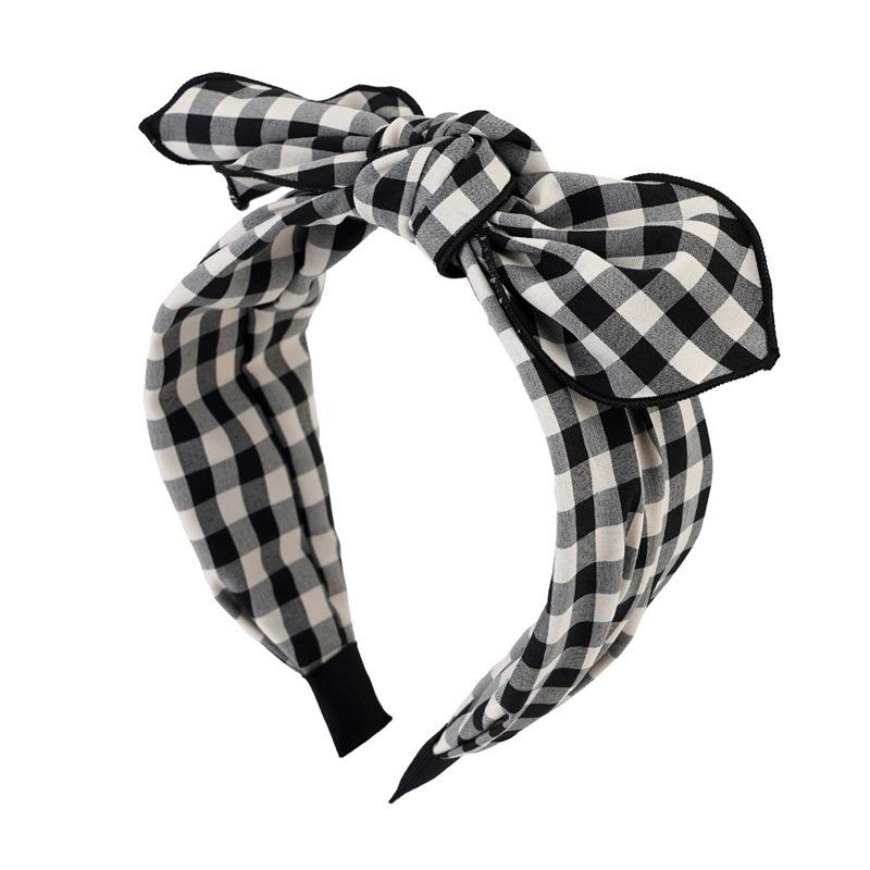 Women's White Black Plaid Headband with Center Bow Knot for Lady Girls Daily Casual Hair Hoop Accessories