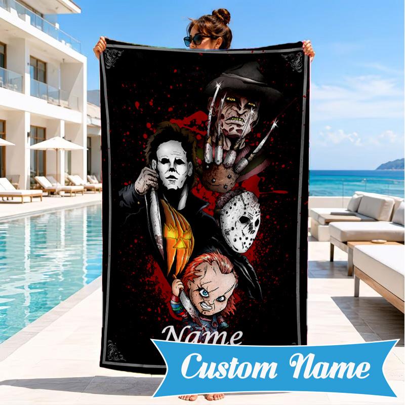 Custom Name Horror Characters Beach Towel, Soft Quick-Dry Beach Towel, Ideal for Pool, Camping, Perfect Travel Essential Gift