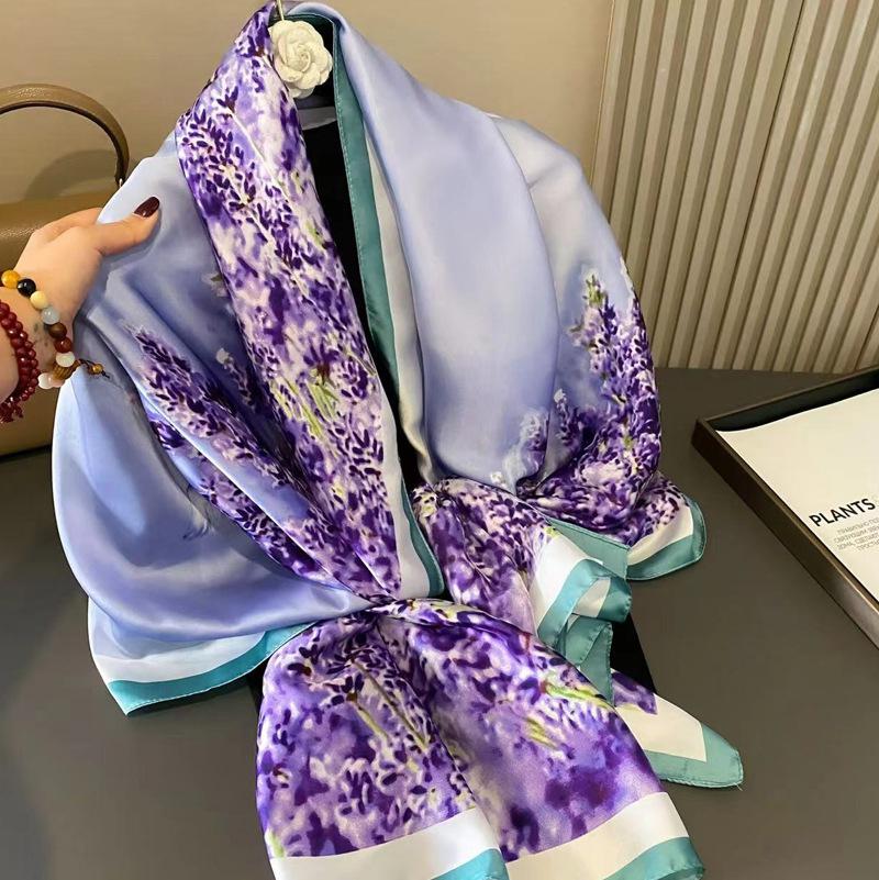 New Style Spring Summer Women Big Flower Print Scarf Ladies Popular Beach Silk Satin Shawl Fashion Headcloth