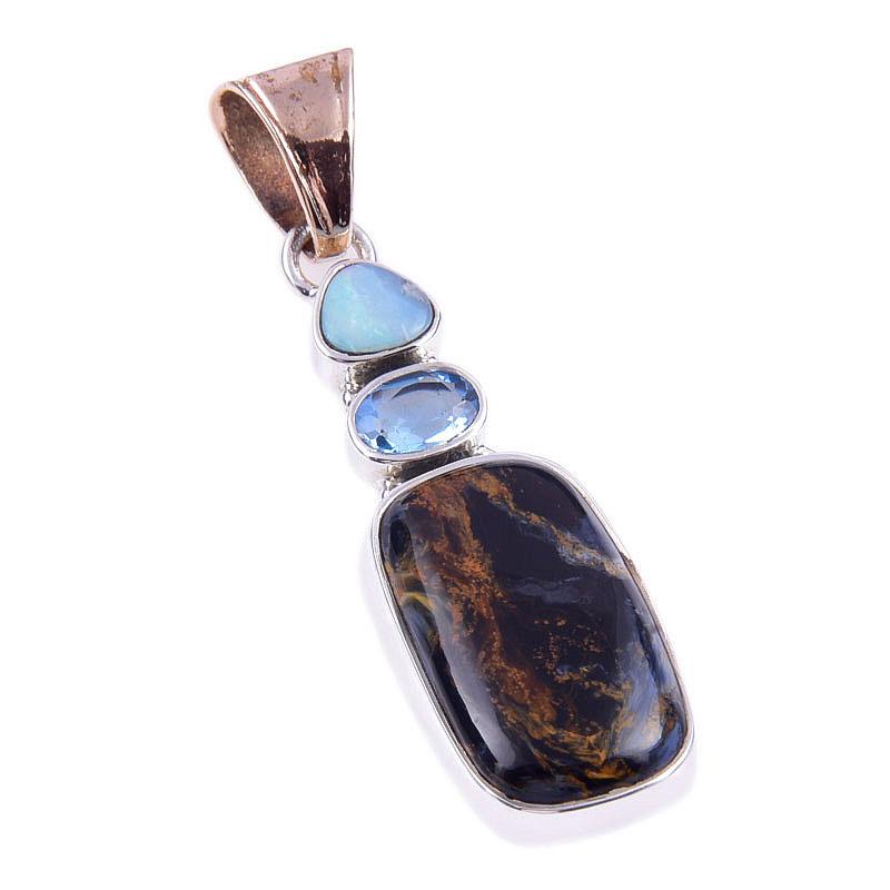 Natural Pietersite,Blue Topaz Gemstone 925 Solid Sterling Silver Pendant 2" U4b09