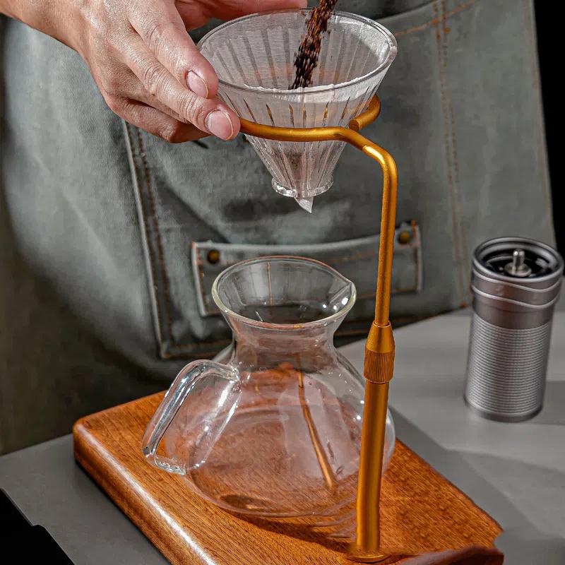 Hand brewed coffee rack aluminum alloy fit different size filter cup ware sets wood base adjustable height engraving