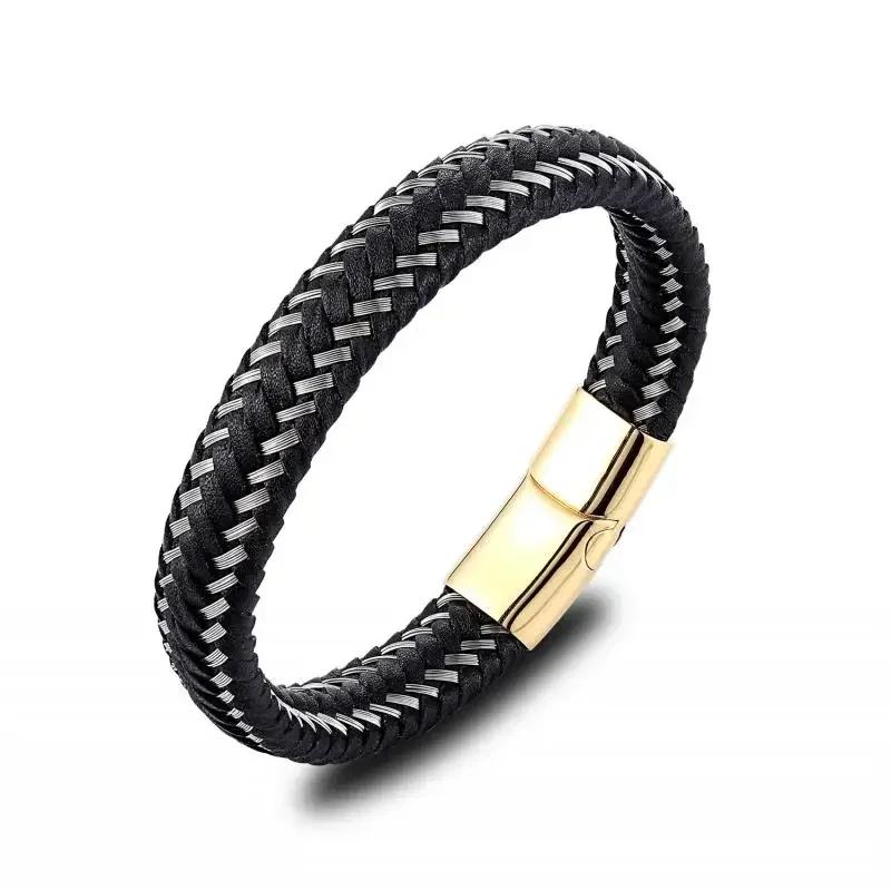 Vintage Handwoven Black Leather Bracelet with High Quality Metal Buckle Suitable for Men\'s Personalized Charm Wristband Jewelry