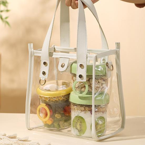 Tragbares Overnight Oats Glas mit integriertem Löffel & Deckel, Auslaufsichere Kunststoff-Frühstückstasse für Salat, Joghurt, Obst, BPA-freier transparenter Behälter
